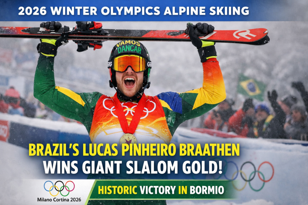 ucas Pinheiro Braathen winning gold in 2026 Winter Olympics alpine skiing giant slalom
