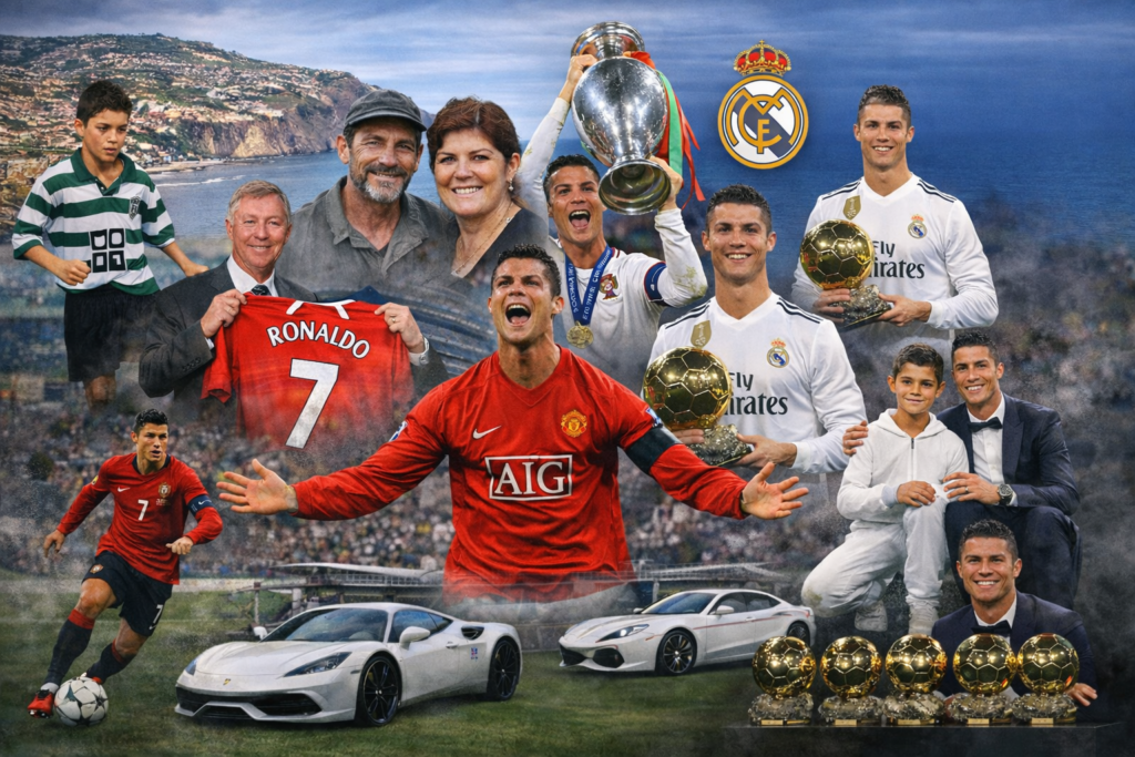 Photomontage of Cristiano Ronaldo’s life and football career, showing his childhood in Madeira, early days at Sporting CP, success at Manchester United and Real Madrid, Ballon d’Or trophies, Champions League triumphs, Portugal national team victories, family moments, luxury cars, private jet, and his journey from humble beginnings to global football legend.