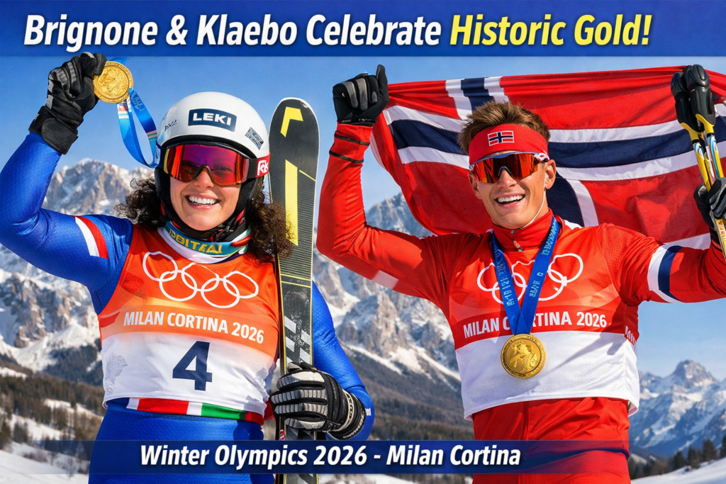 Federica Brignone celebrating giant slalom gold and Johannes Klaebo winning record ninth gold at Milan Cortina 2026 Winter Olympics