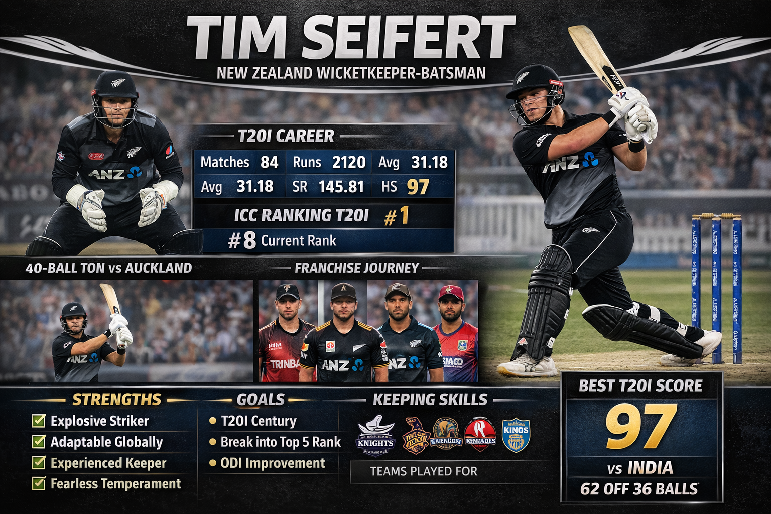 Tim Seifert New Zealand wicketkeeper-batsman T20I stats infographic showing 2120 runs, 31.18 average and 97 highest score