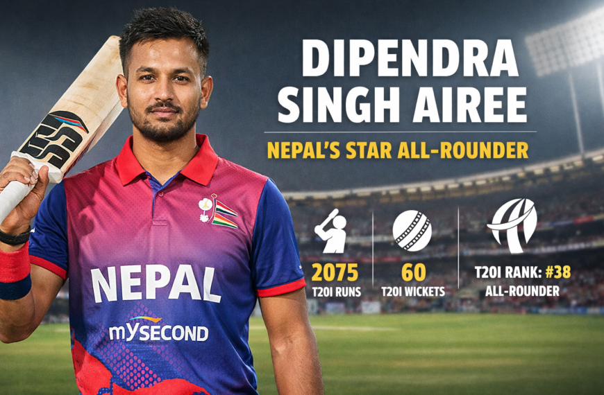 Dipendra Singh Airee in Nepal cricket jersey holding a bat at a stadium, showcasing his role as a batting all-rounder with T20I runs, wickets, and ICC all-rounder ranking.