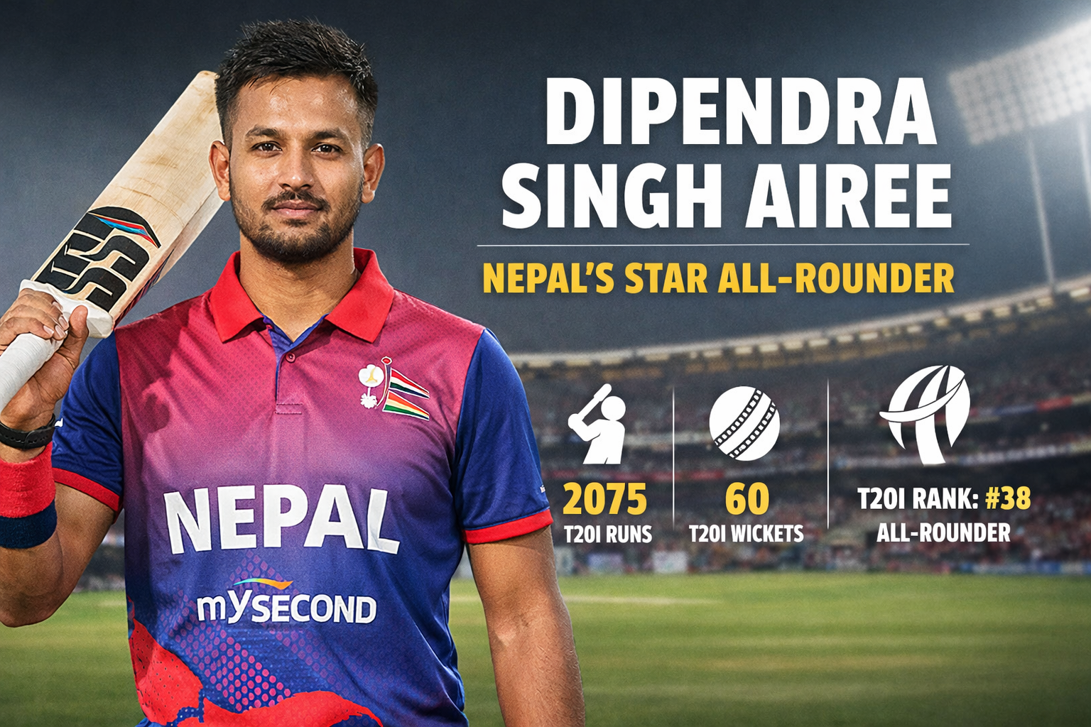 Dipendra Singh Airee in Nepal cricket jersey holding a bat at a stadium, showcasing his role as a batting all-rounder with T20I runs, wickets, and ICC all-rounder ranking.