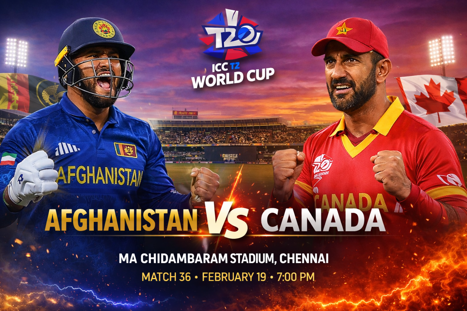 Afghanistan vs Canada T20 World Cup 2026 match at MA Chidambaram Stadium Chennai