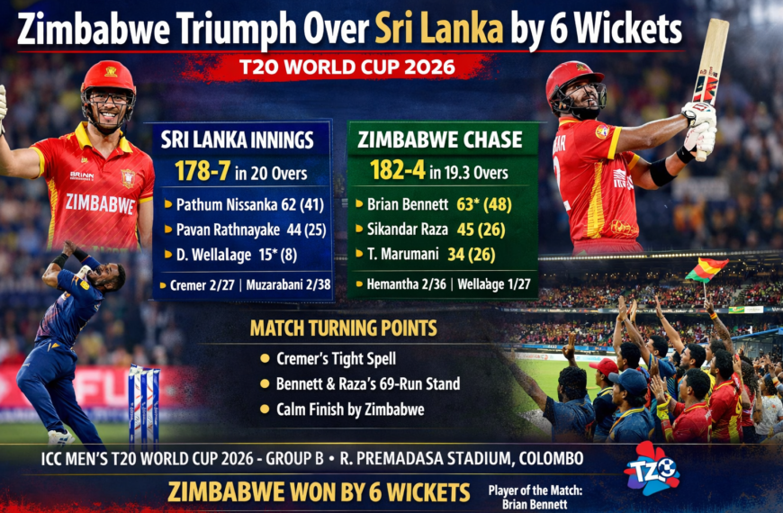 Zimbabwe celebrate 6 wicket win over Sri Lanka in ICC Men's T20 World Cup 2026 at R Premadasa Stadium