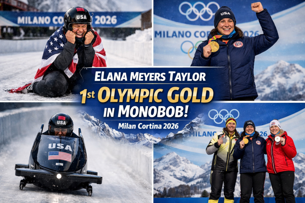 Elana Meyers Taylor celebrating after winning Olympic gold in women’s monobob at Milan Cortina 202