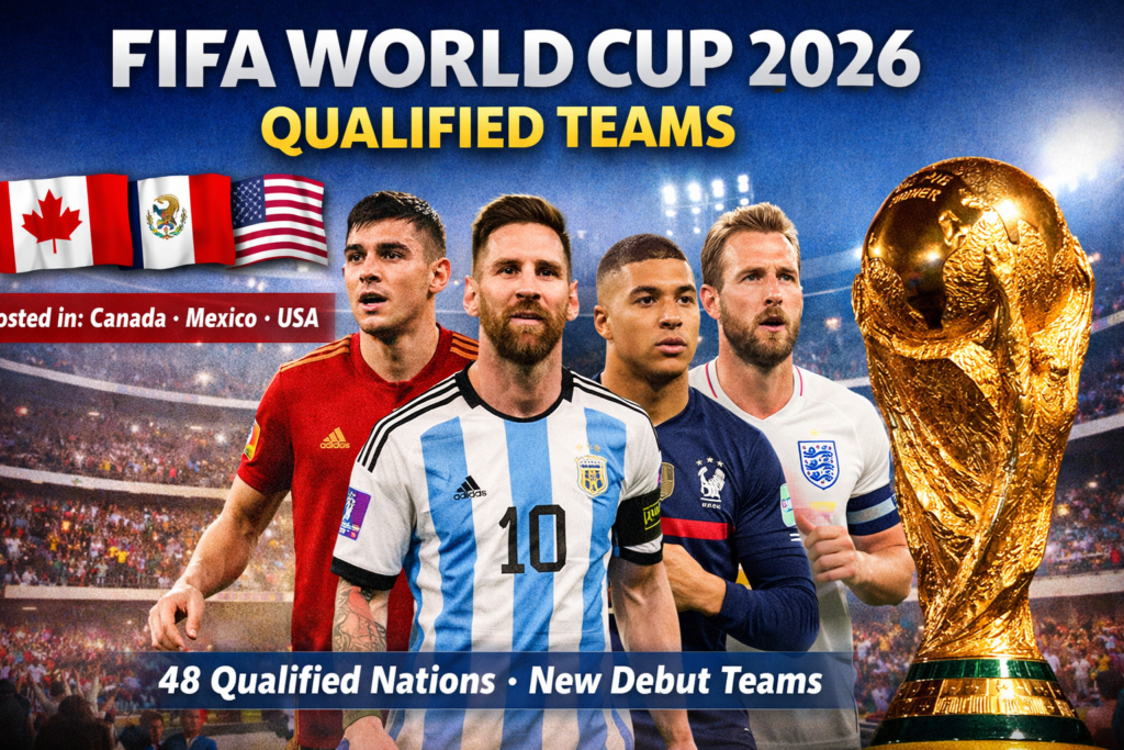 FIFA World Cup 2026 qualified teams graphic featuring hosts Canada, Mexico, USA and top players with World Cup trophy