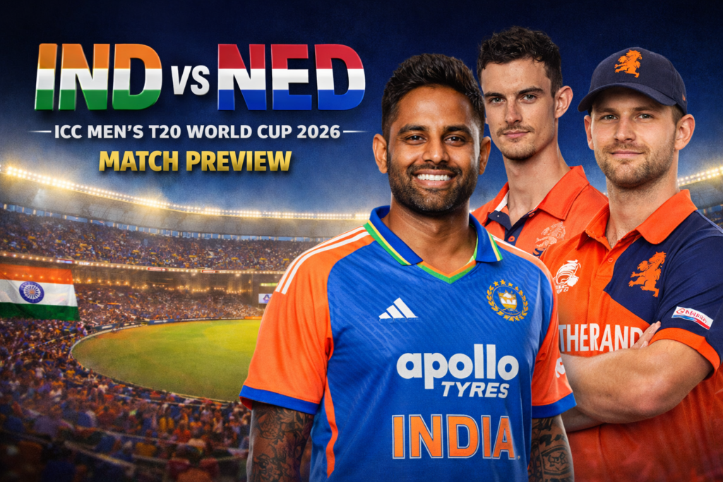IND vs NED T20 World Cup 2026 match preview featuring India and Netherlands players at Narendra Modi Stadium Ahmedabad