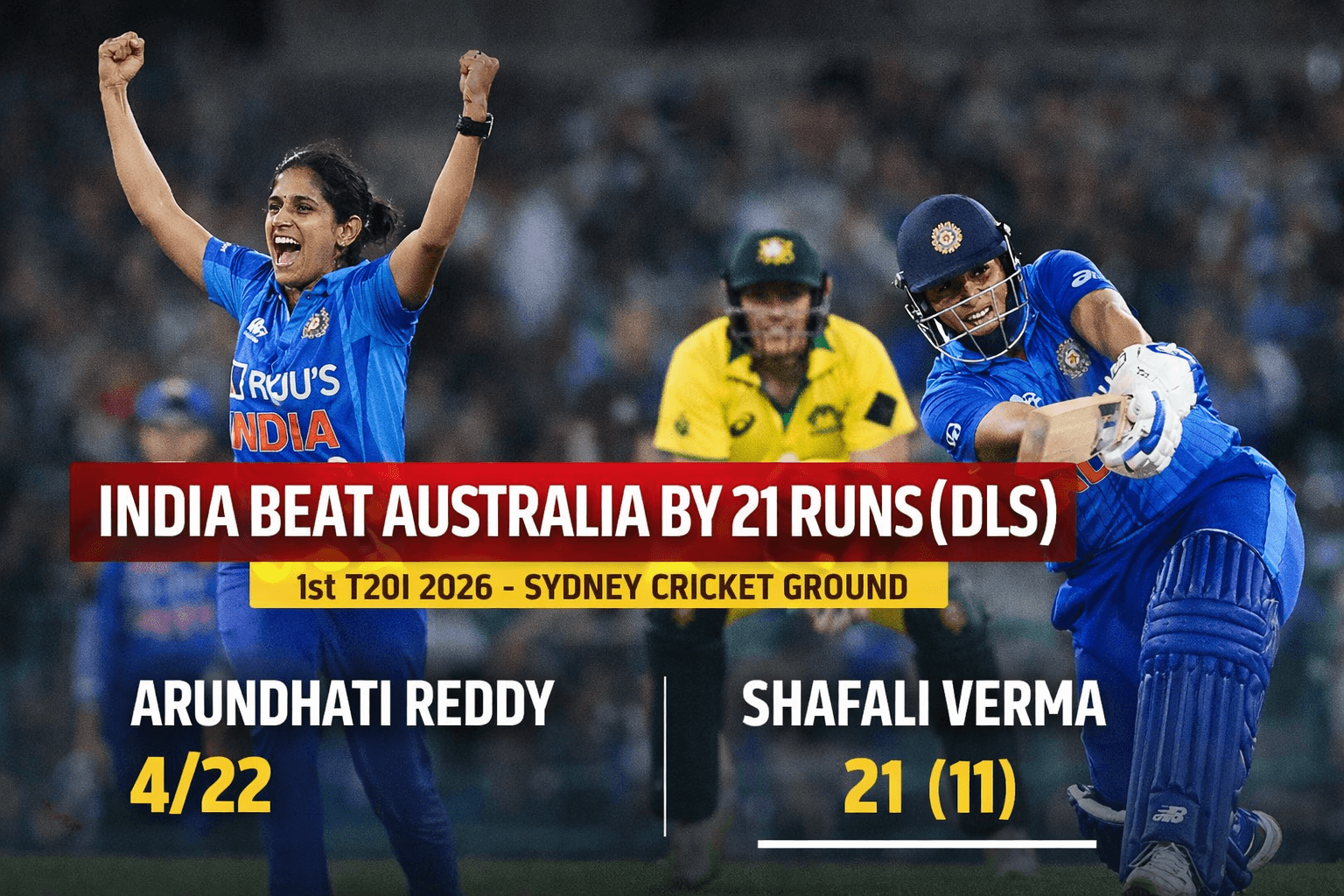 India Women celebrate 21-run DLS win over Australia Women in 1st T20I 2026 at Sydney Cricket Ground