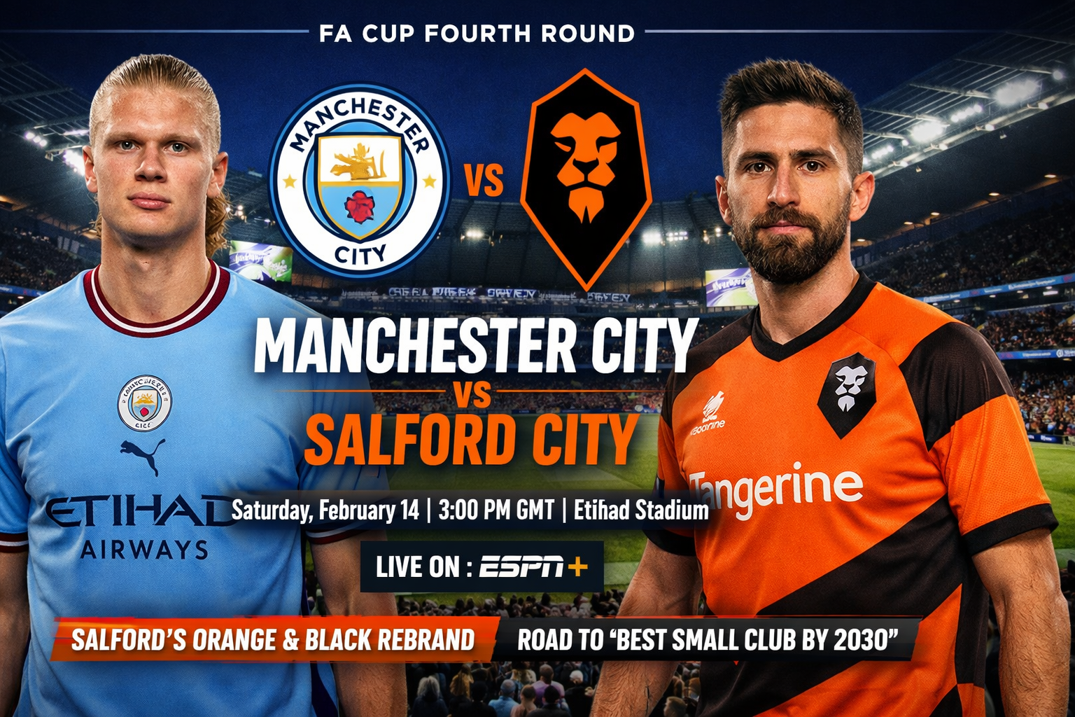 Manchester City vs Salford City FA Cup fourth round match poster at Etihad Stadium