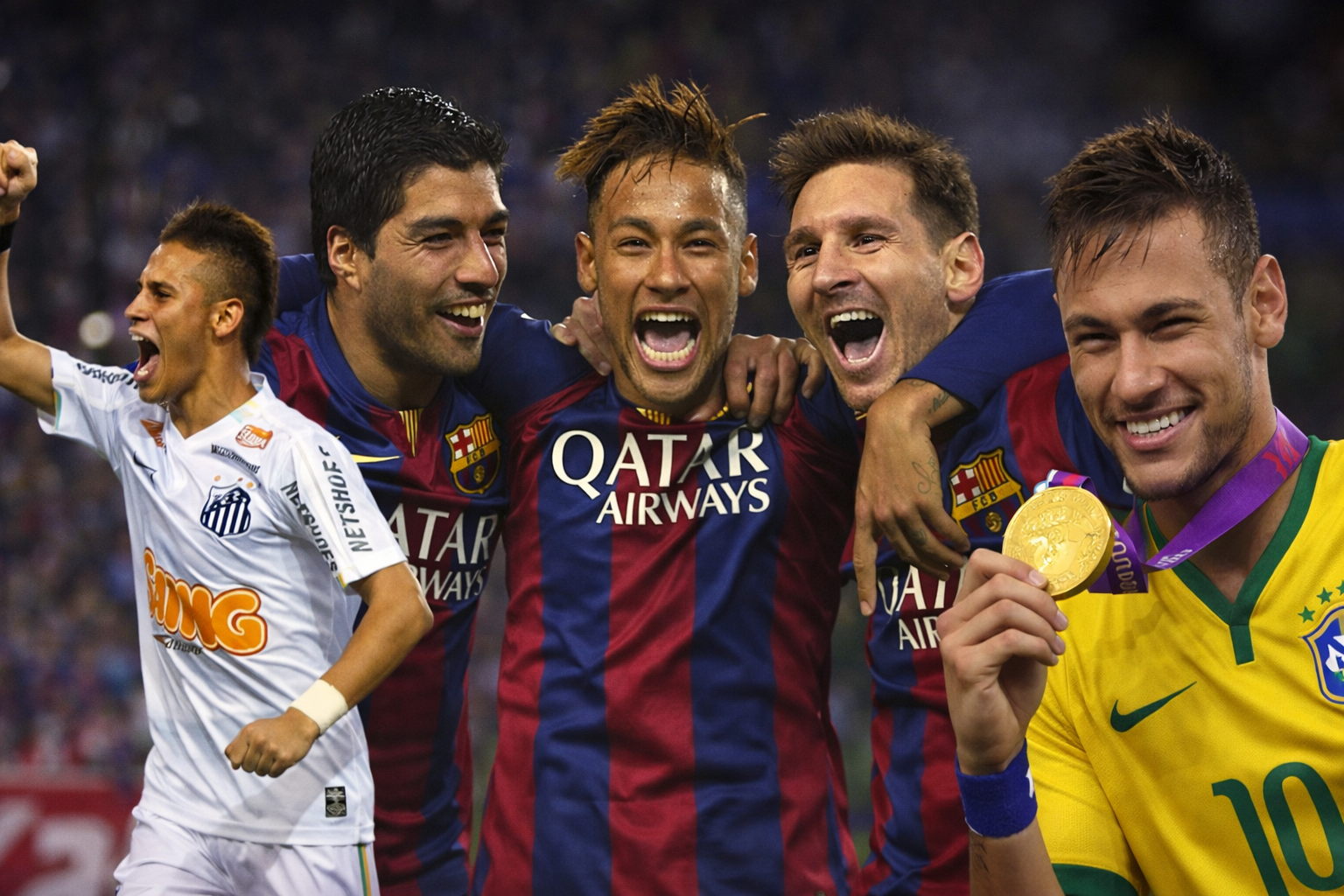 Neymar Jr celebrating his football journey from Santos FC to Barcelona and Brazil national team