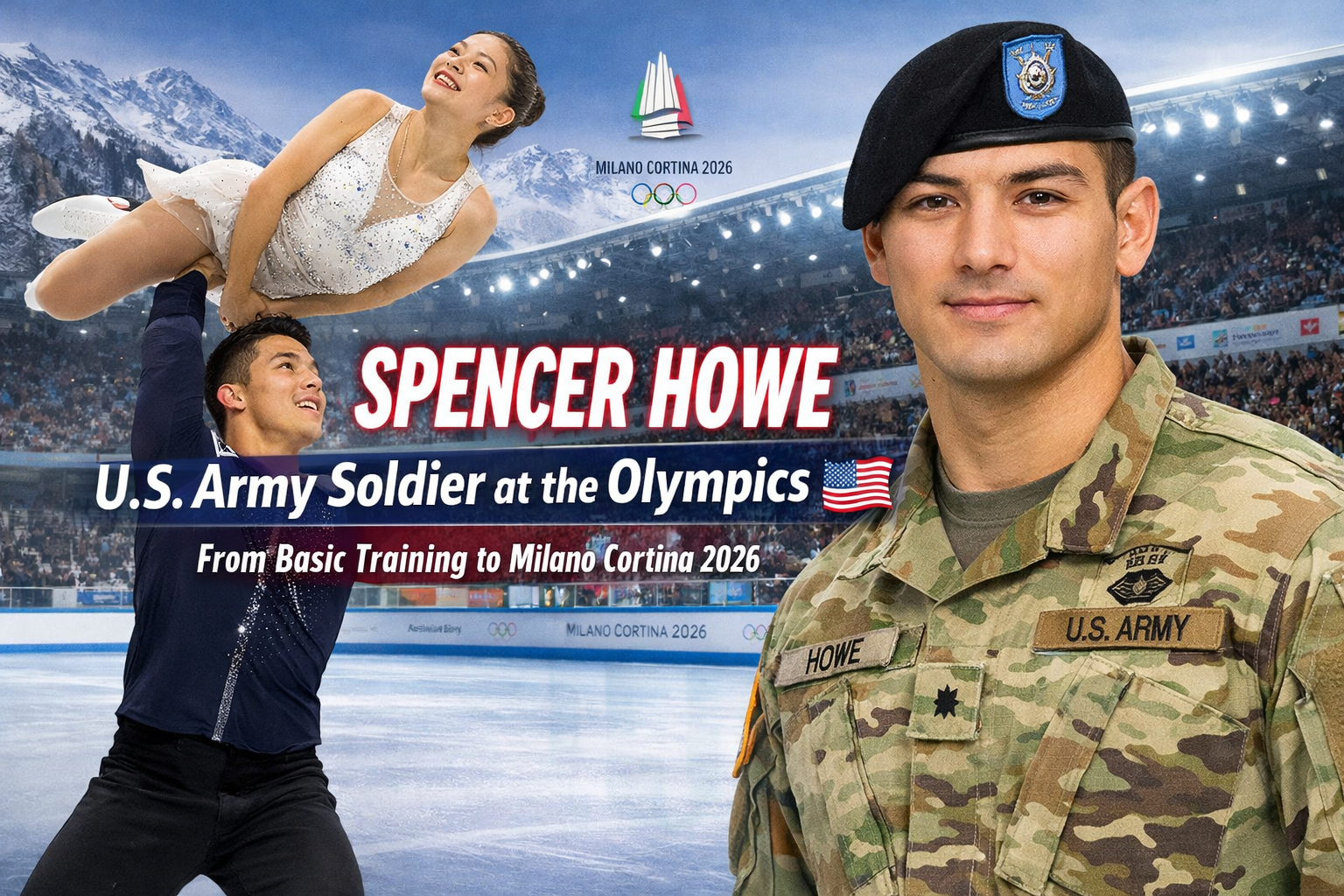Spencer Howe competing in pairs figure skating at the 2026 Winter Olympics while serving as a U.S. Army soldier.