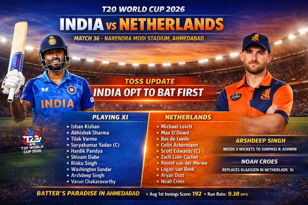 India vs Netherlands T20 World Cup 2026 Match 36 at Narendra Modi Stadium Ahmedabad with playing XI and toss update