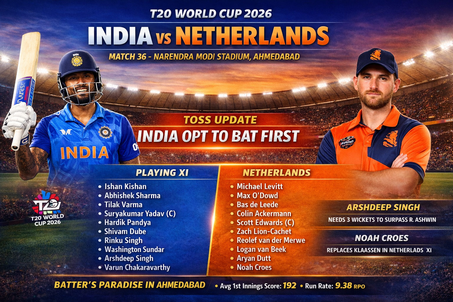 India vs Netherlands T20 World Cup 2026 Match 36 at Narendra Modi Stadium Ahmedabad with playing XI and toss update