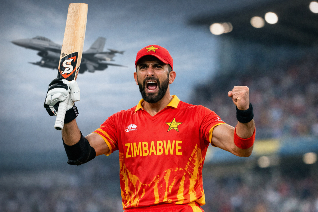 Sikandar Raza celebrating in Zimbabwe cricket jersey during international match