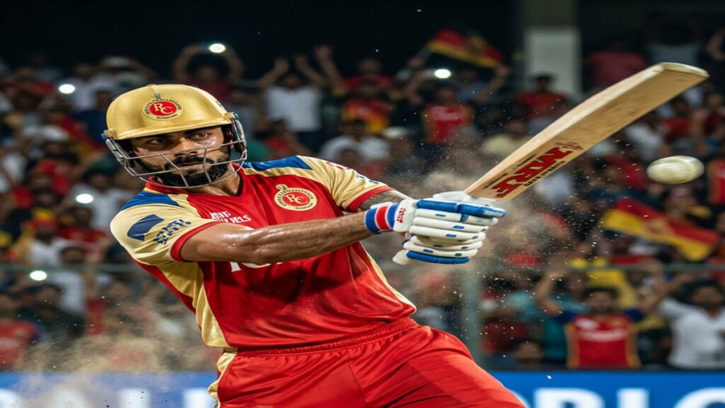 Virat Kohli celebrating century for Royal Challengers Bengaluru showing IPL records and stats