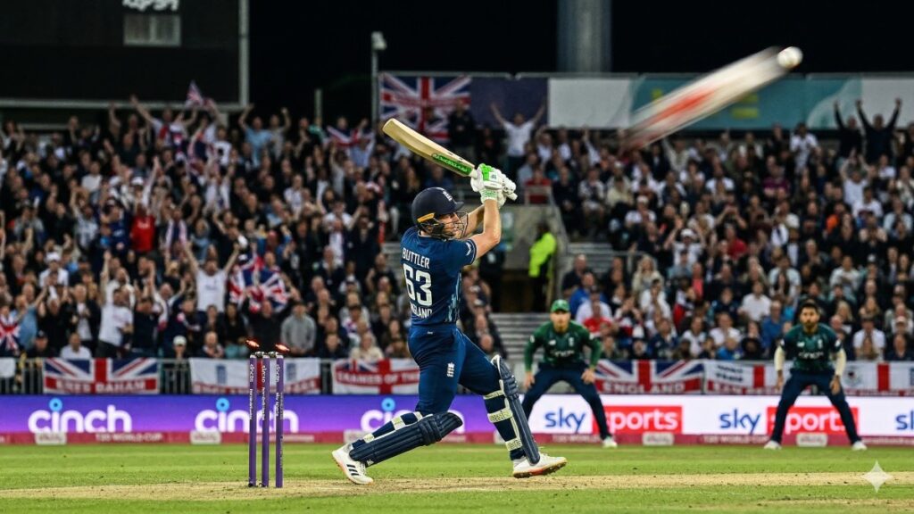 Jos Buttler playing an innovative 360-degree shot for England in international cricket