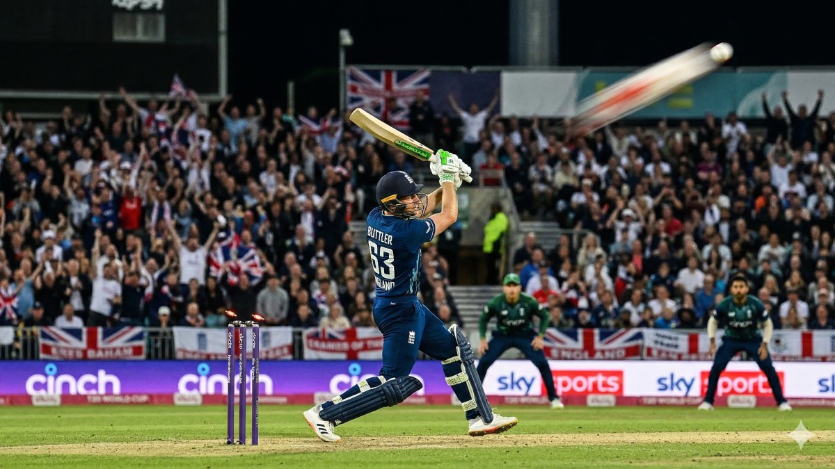 Jos Buttler playing an innovative 360-degree shot for England in international cricket