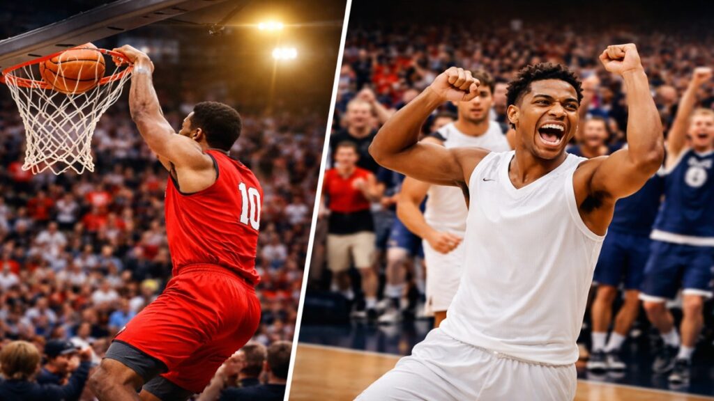 Men’s March Madness 2026 college basketball players celebrating dunk and victory in NCAA tournament