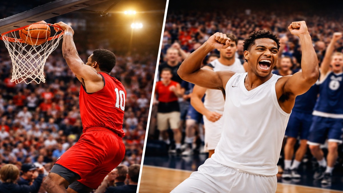 Men’s March Madness 2026 college basketball players celebrating dunk and victory in NCAA tournament